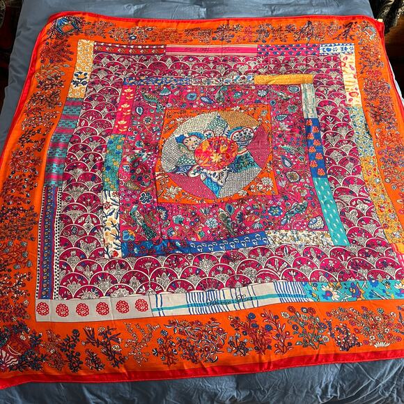 Hermes Paris Scarf Shawl Wrap Red Multicolored Bird Print Cashmere Silk Blend - Picture 2 of 11